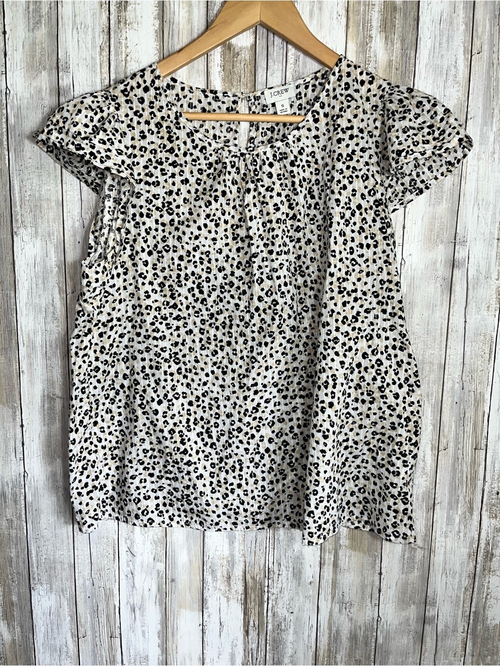 J. Crew Pintuck Flutter Sleeve Top Animal Print Blouse Small Cotton S - Picture 1 of 6